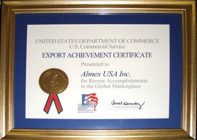 United State Department of Commerce awards Export Achievement Certificate to Almex USA Inc.